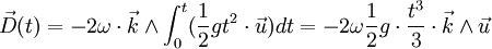 \vec{D}(t) = -2\omega \cdot \vec{k} \wedge \int_0^t (\frac{1}{2}gt^2 \cdot \vec{u}) dt = -2\omega\frac{1}{2}g \cdot \frac{t^3}{3} \cdot \vec{k}\wedge \vec{u}