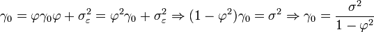 \gamma_0=\varphi\gamma_0\varphi +\sigma^2_{\varepsilon}=\varphi^2\gamma_0 +\sigma^2_{\varepsilon}\Rightarrow(1-\varphi^2)\gamma_0=\sigma^2\Rightarrow \gamma_0=\frac{\sigma^2}{1-\varphi^2}