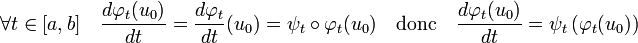 \forall t \in [a, b]\quad \frac {d\varphi_t(u_0)}{dt} = \frac {d\varphi_t}{dt}(u_0) = \psi_t \circ \varphi_t(u_0) \quad\text{donc}\quad \frac {d\varphi_t(u_0)}{dt} =\psi_t \left( \varphi_t(u_0)\right)