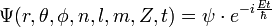 \Psi(r,\theta,\phi , n,l,m,Z , t ) = \psi \cdot e^{-i{Et \over \hbar}}