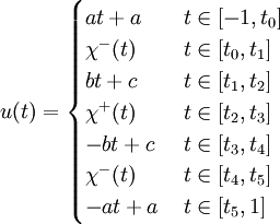    u(t) = \begin{cases}    at + a\, & t\in [-1,t_0]\\     \chi^- (t) \  & t\in [t_0,t_1]\\     bt+c\, & t\in [t_1,t_2]\\    \chi^+ (t) \  & t\in [t_2,t_3]\\    -bt+c\, & t\in [t_3,t_4]\\                         \chi^- (t) \  & t\in [t_4,t_5]\\                         -at + a\, & t\in [t_5,1]    \end{cases} 