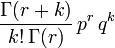 \frac{\Gamma(r+k)}{k!\,\Gamma(r)}\,p^r\,q^k \!