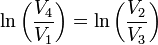 \ln\left(\frac{V_4}{V_1}\right) = \ln\left(\frac{V_2}{V_3}\right)