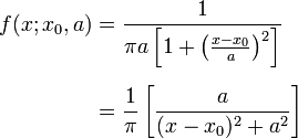 \begin{align} f(x; x_0,a) &= \frac{1}{\pi a \left[1 + \left(\frac{x-x_0}{a}\right)^2\right]} \\[0.5em] &= { 1 \over \pi } \left[ { a \over (x - x_0)^2 + a^2  } \right] \end{align}