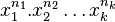 x_1^{n_1}.x_2^{n_2}\ldots x_k^{n_k}