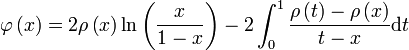  \varphi\left(x\right) = 2\rho\left(x\right)\text{ln}\left(\frac{x}{1-x}\right) - 2 \int_0^1\frac{\rho\left(t\right)-\rho\left(x\right)}{t-x}\mathrm dt