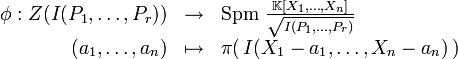  \begin{array}{rcl} \phi : Z(I(P_1,\dots,P_r)) &\to  &\text{Spm } \frac{\mathbb{K}[X_1,\dots,X_n]}{\sqrt{I(P_1,\dots,P_r)}} \\ (a_1, \dots,a_n)&\mapsto & \pi(\, I(X_1-a_1,\dots ,X_n-a_n)\, )\end{array}