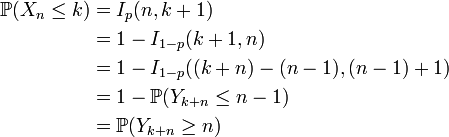  \begin{align} \mathbb{P}(X_n \leq k) & {} = I_p(n, k+1) \\ & {} = 1 - I_{1-p}(k+1, n) \\ & {} = 1 - I_{1-p}((k+n)-(n-1), (n-1)+1) \\ & {} = 1 - \mathbb{P}(Y_{k+n} \leq n-1) \\ & {} = \mathbb{P}(Y_{k+n} \geq n) \\ \end{align} 