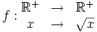 f: \begin{matrix} \mathbb R^+ & \rightarrow & \mathbb R^+ \\ x & \rightarrow & \sqrt{x} \end{matrix}