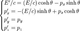 \begin{cases} E'/c= (E/c)\cosh \theta - p_x \sinh \theta\\ p'_x = -(E/c)\sinh\theta + p_x \cosh\theta\\ p'_y = p_y\\ p'_z =  p_z \end{cases} 