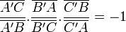 \dfrac{\overline{A'C}}{\overline{A'B}}.\dfrac{\overline{B'A}}{\overline{B'C}}.\dfrac{\overline{C'B}}{\overline{C'A}}=-1 