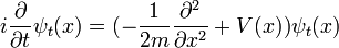 i{\partial \over \partial t} \psi_t(x) = (-{1\over 2m} {\partial^2 \over \partial x^2} + V(x)) \psi_t(x) \,