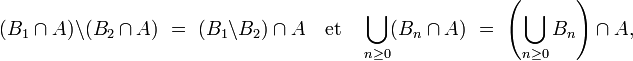  (B_{1}\cap A)\backslash(B_{2}\cap A)\ =\ (B_{1}\backslash B_{2})\cap A \quad \text{et}\quad\bigcup_{n\ge 0}(B_{n}\cap A)\ =\ \left(\bigcup_{n\ge 0}B_{n}\right)\cap A,