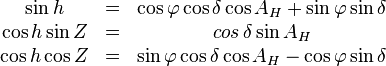 \begin{matrix} \sin h &=& \cos \varphi  \cos \delta \cos A_H + \sin \varphi \sin \delta \\  \cos h \sin Z &=& cos\,\delta \sin A_H \\  \cos h \cos Z &=& \sin \varphi \cos \delta \cos A_H - \cos \varphi \sin \delta    \end{matrix}