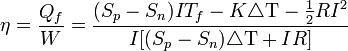  \eta=\frac{Q_f}{W}=\frac{(S_p-S_n)IT_f-K\triangle\mathrm{T}-\frac{1}{2}RI^2}{I[(S_p-S_n)\triangle\mathrm{T}+IR]}\,