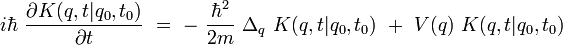 i \hbar \ \frac{\partial K(q,t|q_0,t_0) }{\partial t}  \ = \ - \ \frac{\hbar^2}{2m} \ \Delta_q \ K(q,t|q_0,t_0) \ + \ V(q) \ K(q,t|q_0,t_0)