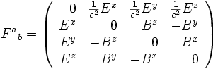 F^a{}_b = \left(\begin{array}{rrrr} 0 & \frac{1}{c^2} E^x & \frac{1}{c^2} E^y & \frac{1}{c^2} E^z \\ E^x & 0 & B^z & - B^y \\ E^y & - B^z & 0 & B^x \\ E^z & B^y & - B^x & 0 \end{array}\right)