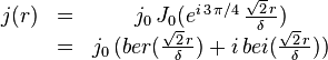  \begin{matrix}j(r) &=& j_0 \, J_0(e^{i \, 3 \, \pi/4} \, \frac{\sqrt{2} \, r}{\delta})\\ &=& j_0 \, (ber(\frac{\sqrt{2} \, r}{\delta}) + i \, bei(\frac{\sqrt{2} \, r}{\delta}))\end{matrix} 