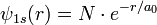 \psi_{1s}(r) = N \cdot e^{-r/a_0}