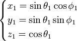 \begin{cases} x_1 = \sin \theta_1 \cos\phi_1\\ y_1 = \sin \theta_1 \sin\phi_1\\ z_1 = \cos\theta_1 \end{cases}