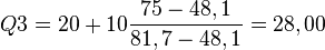 Q3 =20+10\dfrac{75-48,1}{81,7-48,1}=28,00