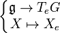 \left\{\begin{matrix} \mathfrak{g} \rightarrow T_eG \\ X \mapsto X_e \end{matrix}\right.