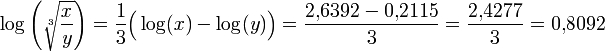 \log \left(\sqrt(lien) \frac{x}{y} \right) = \frac 13 \Big(\log(x) - \log(y) \Big) = \frac{2{,}6392 - 0{,}2115}{3} = \frac{2{,}4277}{3} = 0{,}8092