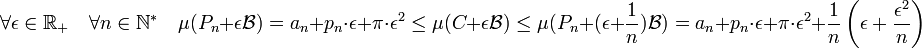 \forall \epsilon \in \mathbb R_+ \quad \forall n \in \mathbb N^* \quad \mu (P_n + \epsilon\mathcal B) = a_n + p_n\cdot \epsilon + \pi \cdot \epsilon^2 \le \mu (C + \epsilon\mathcal B) \le \mu (P_n + (\epsilon + \frac 1n)\mathcal B) =a_n + p_n\cdot \epsilon + \pi \cdot \epsilon^2 + \frac 1n\left(\epsilon + \frac {\epsilon^2}n\right)