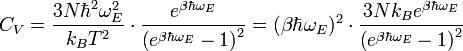 C_V = \frac{3N\hbar^2\omega_E^2}{k_B T^2} \cdot \frac{e^{\beta\hbar\omega_E}}{\left(e^{\beta\hbar\omega_E}-1\right)^2} = (\beta\hbar\omega_E)^2 \cdot \frac{3Nk_{B}e^{\beta\hbar\omega_E}}{\left(e^{\beta\hbar\omega_E}-1\right)^2}