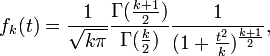 f_k(t)=\frac{1}{\sqrt{k\pi}}\frac{\Gamma(\frac{k+1}{2})}{\Gamma(\frac{k}{2})}\frac{1}{(1+\frac{t^2}{k})^{\frac{k+1}{2}}},