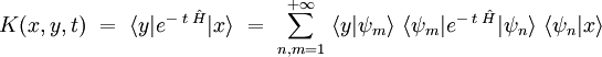  K(x,y,t) \ = \ \langle y | e^{- \; t \; \hat{H}} | x \rangle \ = \  \sum_{n,m=1}^{+ \infty} \ \langle y | \psi_m \rangle \ \langle \psi_m | e^{- \; t \; \hat{H}} | \psi_n \rangle \ \langle \psi_n |  x \rangle 