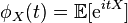 \phi_X(t) = \mathbb{E}[\textrm{e}^{itX}]\,