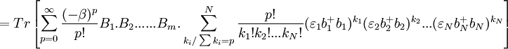 =Tr\left[\sum\limits_{p=0}^{\infty }\frac{(-\beta )^{p}}{p!}B_{1}.B_{2}......B_{m}. \sum\limits_{k_{i}/\sum k_{i}=p}^{N}\frac{p!}{k_{1}!k_{2}!...k_{N}!}(\varepsilon _{1}b_{1}^{+}b_{1})^{k_{1}}(\varepsilon _{2}b_{2}^{+}b_{2})^{k_{2}}...(\varepsilon_{N}b_{N}^{+}b_{N})^{k_{N}} \right]