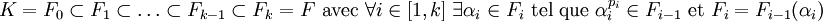 K=F_0\subset F_1\subset \ldots\subset F_{k-1}\subset F_k = F \mbox {   avec   } \forall i \in [1,k] \; \exists \alpha_i  \in F_i \mbox {  tel que  } \alpha_i^{p_i} \in F_{i-1} \mbox { et } F_i=F_{i-1}(\alpha_i)