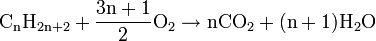 \rm{C_nH_{2n+2} + \frac{3n+1}{2} O_2 \rightarrow nCO_2 + (n+1)H_2O}
