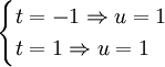 \begin{cases} t = -1 \Rightarrow u = 1\\ t = 1 \Rightarrow u = 1 \end{cases}