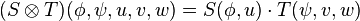 (S \otimes T)(\phi,\psi,u,v,w) = S(\phi,u) \cdot T(\psi,v,w)