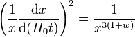  \left(\frac{1}{x}\frac{{\rm d}x}{{\rm d}(H_0 t)}\right)^2 = \frac{1}{x^{3(1+w)}}