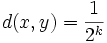 d(x,y)= \frac{1}{2^k}
