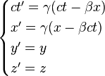  \begin{cases}ct' = \gamma (ct - \beta x)\\ x' = \gamma (x - \beta ct )\\ y' = y\\ z' = z  \end{cases} 