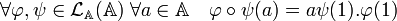  \forall \varphi, \psi \in \mathcal L_{\mathbb A} (\mathbb A) \; \forall a \in \mathbb A\quad \varphi\circ\psi(a)=a \psi(1) .\varphi (1) \;