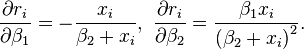 \frac{\partial r_i}{\partial \beta_1}= -\frac{x_i}{\beta_2+x_i},\  \frac{\partial r_i}{\partial \beta_2}= \frac{\beta_1x_i}{\left(\beta_2+x_i\right)^2}.