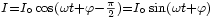 \scriptstyle{I=I_\circ\cos(\omega t + \varphi - {\pi \over 2})= I_\circ\sin(\omega t + \varphi) }