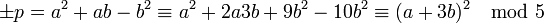 \pm p = a^2 +ab - b^2 \equiv a^2 + 2a3b + 9b^2 -10b^2 \equiv (a+3b)^2 \mod 5\;