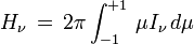 H_\nu \,=\,2\pi\int_{-1}^{+1}\,\mu I_\nu\,d\mu