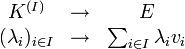 \begin{matrix} K^{(I)} & \rightarrow & E\\ (\lambda_i)_{i\in I} & \rightarrow & \sum_{i\in I}\lambda_iv_i\end{matrix}