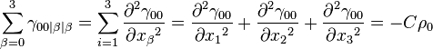 \sum_{\beta = 0}^{3} \gamma_{00|\beta|\beta} = \sum_{i=1}^3 \frac{\partial {}^2 \gamma_{00}}{\partial {x_{\beta}}^2} = \frac{\partial {}^2 \gamma_{00}}{\partial {x_1}^2} + \frac{\partial {}^2 \gamma_{00}}{\partial {x_2}^2} + \frac{\partial {}^2 \gamma_{00}}{\partial {x_3}^2} = -C\rho_0