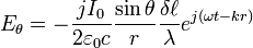 E_\theta = -{j I_0 \over 2 \varepsilon_0 c}  {\sin\theta \over r} {\delta\ell \over \lambda} e^{j \left( \omega t - k r \right)} \,