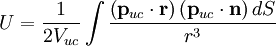 U = \frac{1}{2V_{uc}} \int   \frac{\left( \mathbf{p}_{uc}\cdot \mathbf{r} \right)  \left( \mathbf{p}_{uc} \cdot \mathbf{n} \right)dS}{r^{3}} 