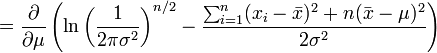     = \frac{\partial}{\partial \mu} \left( \ln\left( \frac{1}{2\pi\sigma^2} \right)^{n/2} - \frac{ \sum_{i=1}^{n}(x_i-\bar{x})^2+n(\bar{x}-\mu)^2}{2\sigma^2} \right)